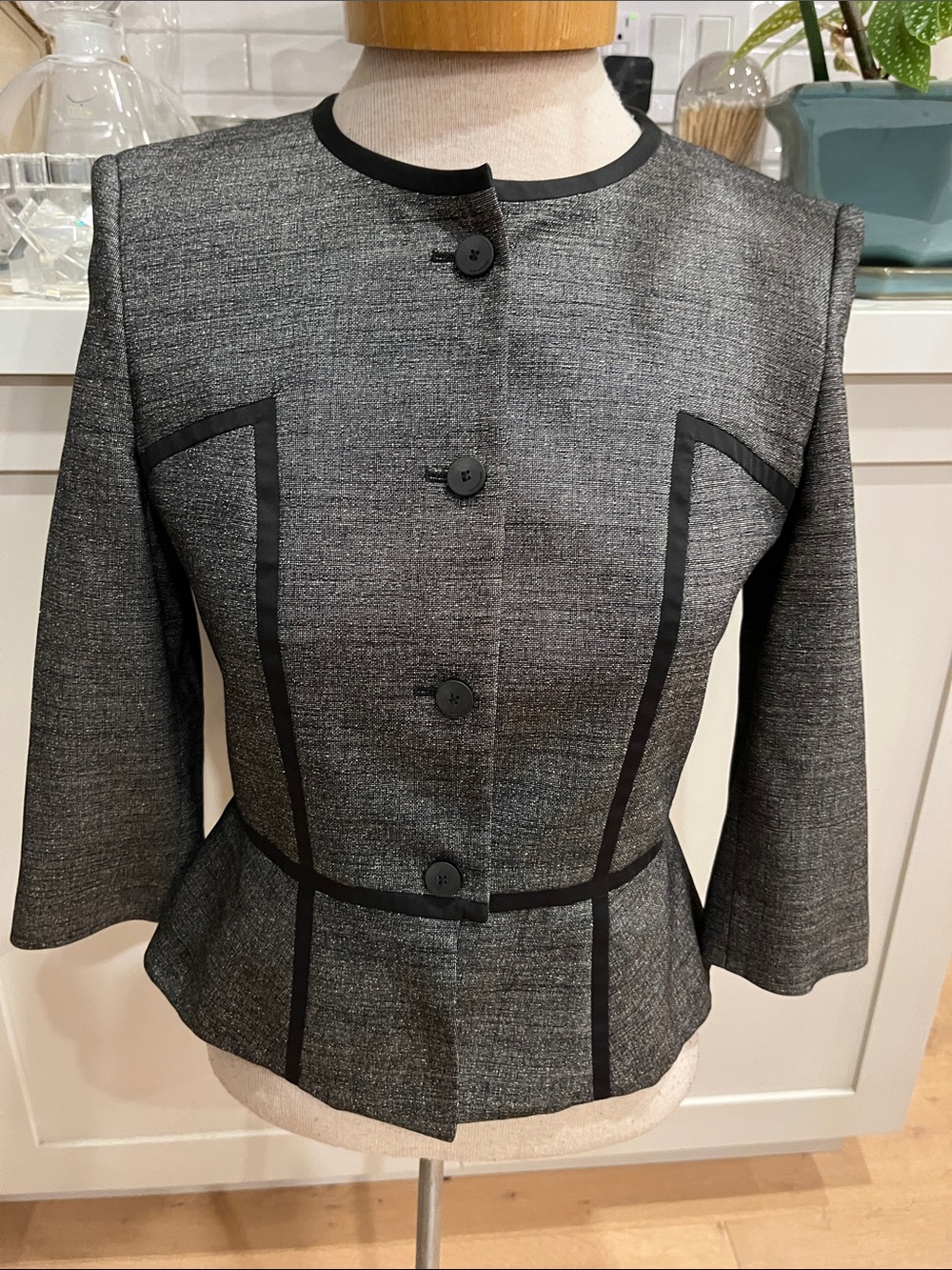 Hugo Boss wool and silk blend Gray Peplum button front Blazer with Black Trim